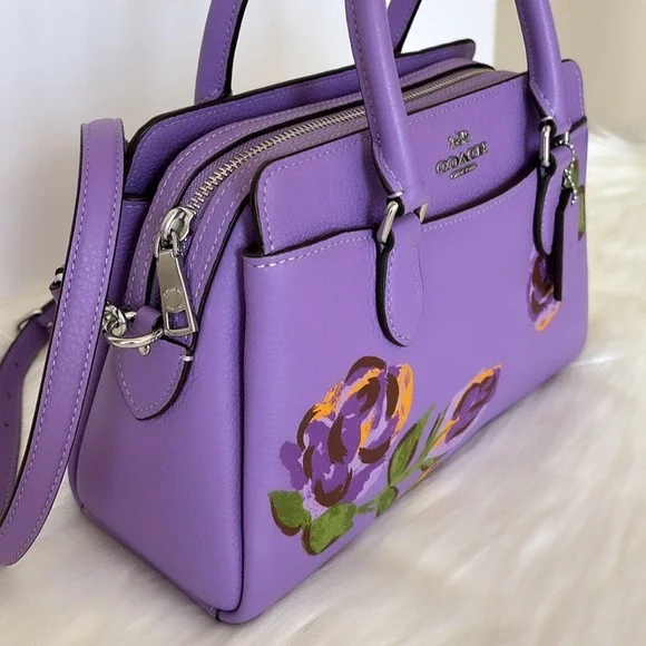 NWT Coach Mini Darcie Carryall With Rose Print/Pebble Leather/ Purple - Picture 3 of 13
